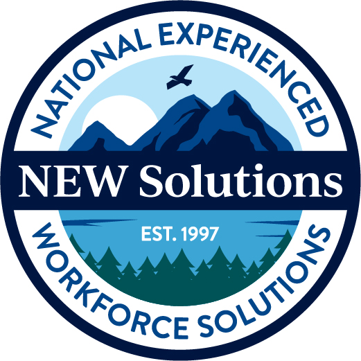 Logo for NEW Solutions depicting trees in the foreground, water, mountains, a setting sun and the outline of a bird in the sky.